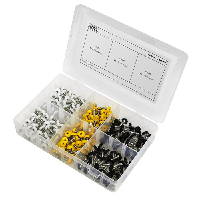 Sealey Numberplate Screw Assortment 4.8mm x 18mm 195pc - Plastic Enclosed Head Sealey - Dynamic Drive