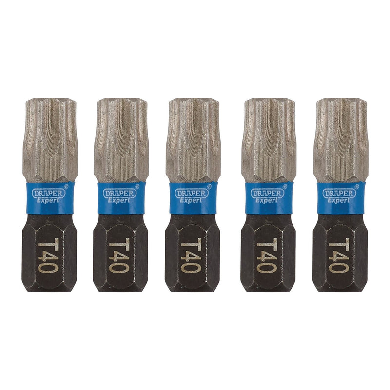 Draper Expert TX-STAR Impact Screwdriver Bits, T40 x 25mm, 1/4" Hex (Pack of 5) Draper - Dynamic Drive