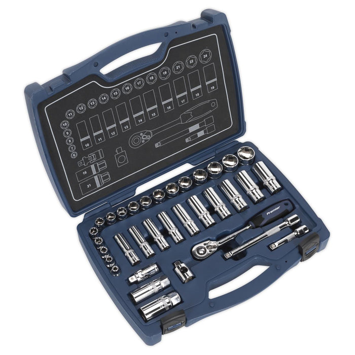 Sealey Premier Socket Set 34pc 3/8" Drive Metric WallDrive Ratchet Extension Bar Sealey  - Dynamic Drive