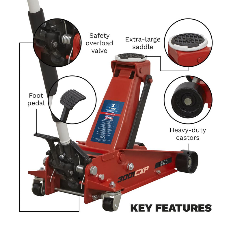 Sealey Trolley Jack with Foot Pedal 3 Tonne 3001CXP Sealey - Dynamic Drive
