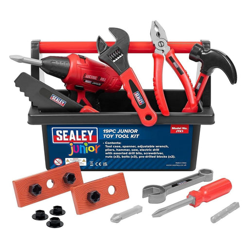 Sealey JTK 19 Piece Childrens Kids DIY Toy Hand Tool & Drill Kit With Tool Box Sealey - Dynamic Drive