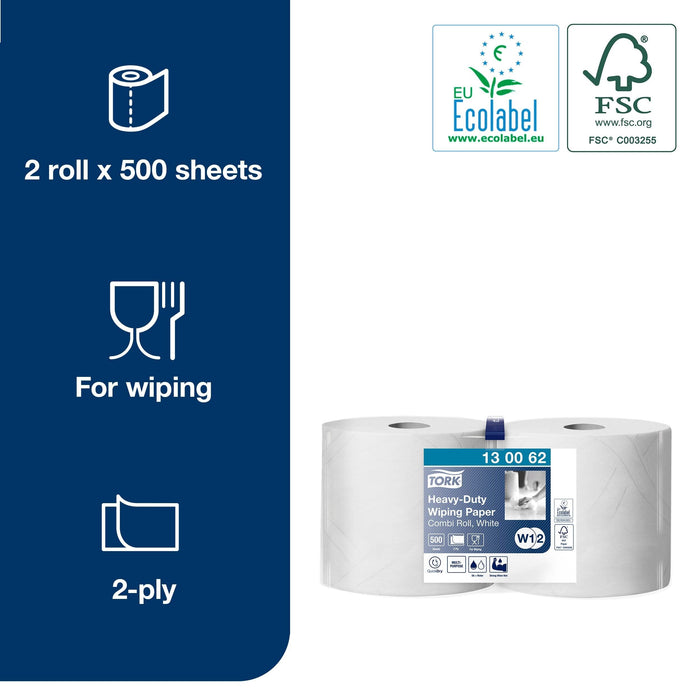 Tork 2 Ply Premium Heavy Duty Wiping Paper - White - 2 x 170m Combi Rolls Tork  - Dynamic Drive