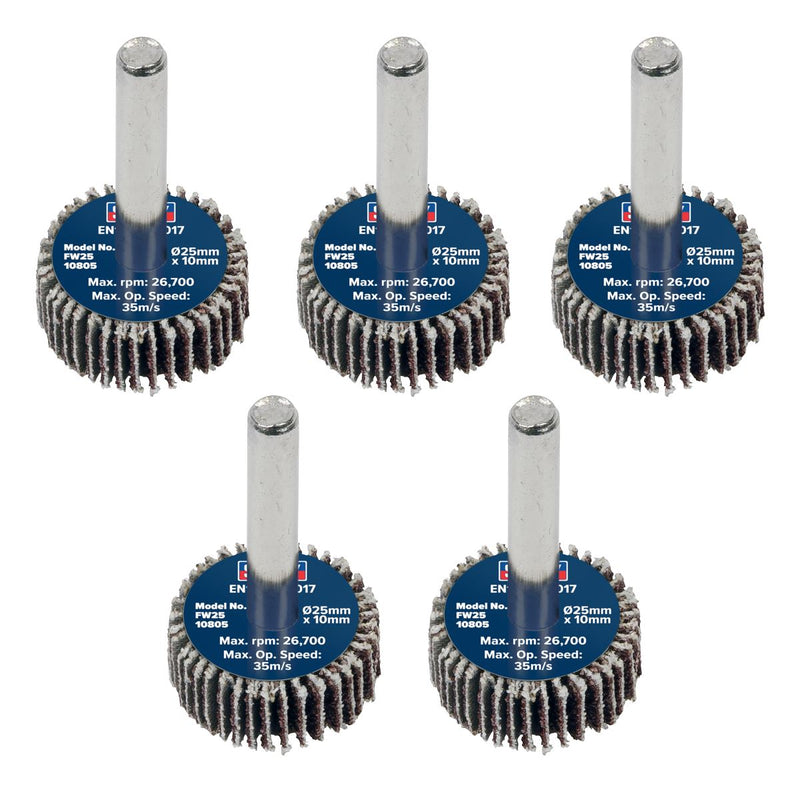 Sealey 25 x 10mm Abrasive Flap Wheel on 6mm Shaft 80Grit - Pack of 5 FW2510805 Sealey - Dynamic Drive