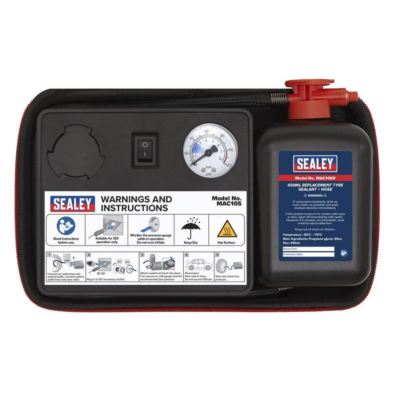 Sealey Tyre Inflator 12V & Emergency Puncture Sealant Kit MAC10S Sealey - Dynamic Drive