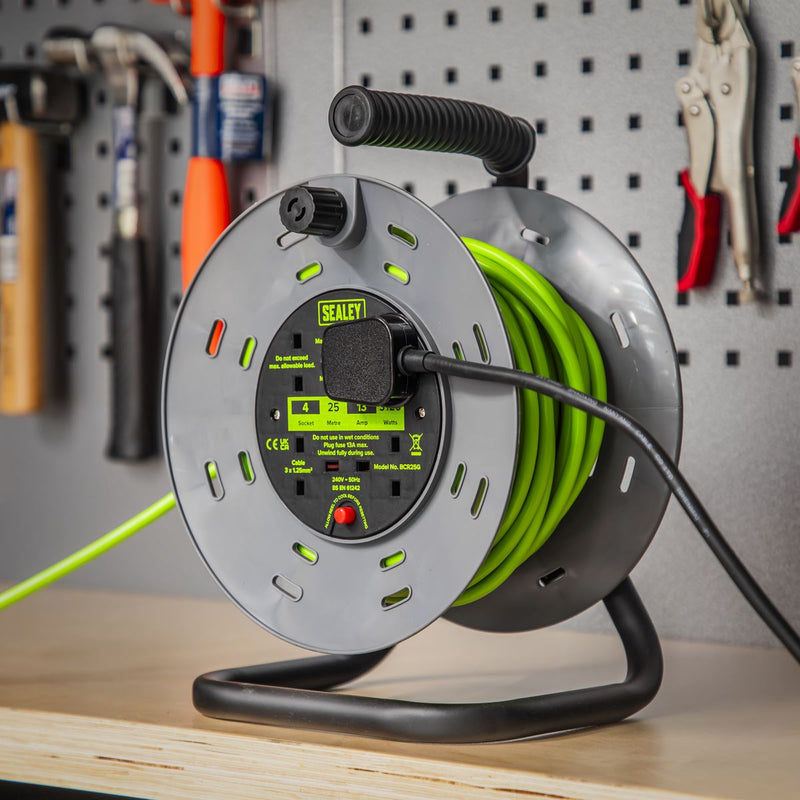 Sealey 25m Cable Reel with Thermal Trip 4 x 230V - Hi-Vis Green BCR25G Sealey - Dynamic Drive