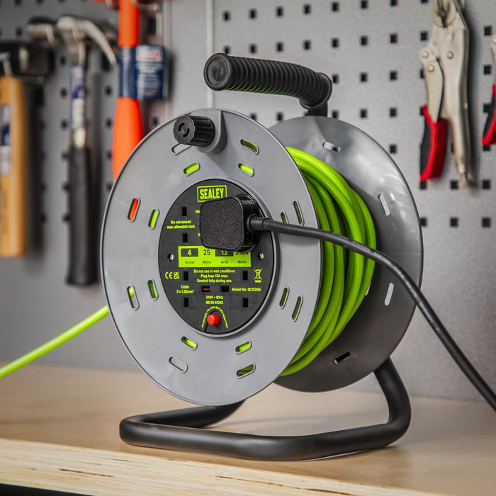 Sealey 25m Cable Reel with Thermal Trip 4 x 230V - Hi-Vis Green BCR25G Sealey - Dynamic Drive