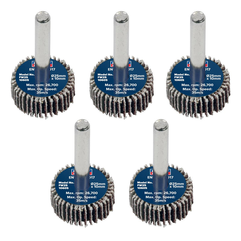 Sealey 25 x 10mm Abrasive Flap Wheel on 6mm Shaft 60Grit - Pack of 5 FW2510605 Sealey - Dynamic Drive
