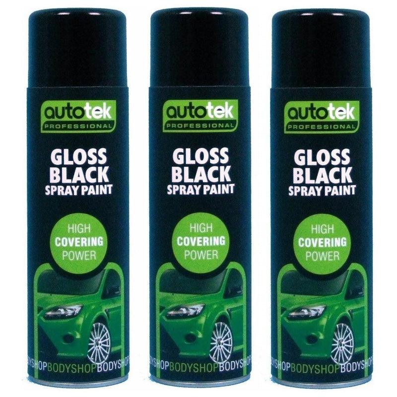3x Autotek Professional Gloss Black 500ml Spray Paint High Coverage Autotek - Dynamic Drive