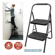 Foldable 2 Step Ladder Non Slip Tread Safety Steel Small Stool Ladders Kitchen Silverline  - Dynamic Drive