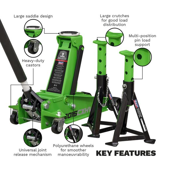 TROLLEY JACK 3TONNE SUPER ROCKET LIFT & AXLE STAND Sealey  - Dynamic Drive