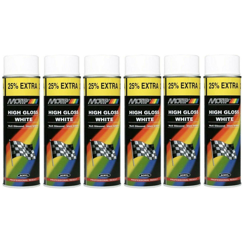 6 x Motip HIGH GLOSS WHITE Spray Paint Metal Wood Glass Plastic 500ml Motip  - Dynamic Drive