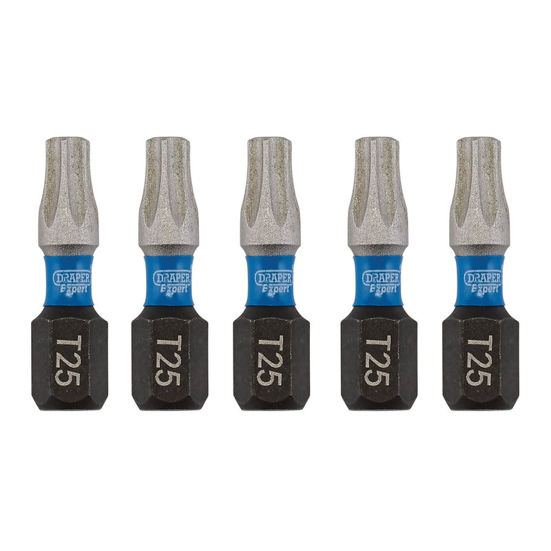 Draper Expert TX-STAR Impact Screwdriver Bits, T25 x 25mm, 1/4" Hex (Pack of 5) Draper - Dynamic Drive