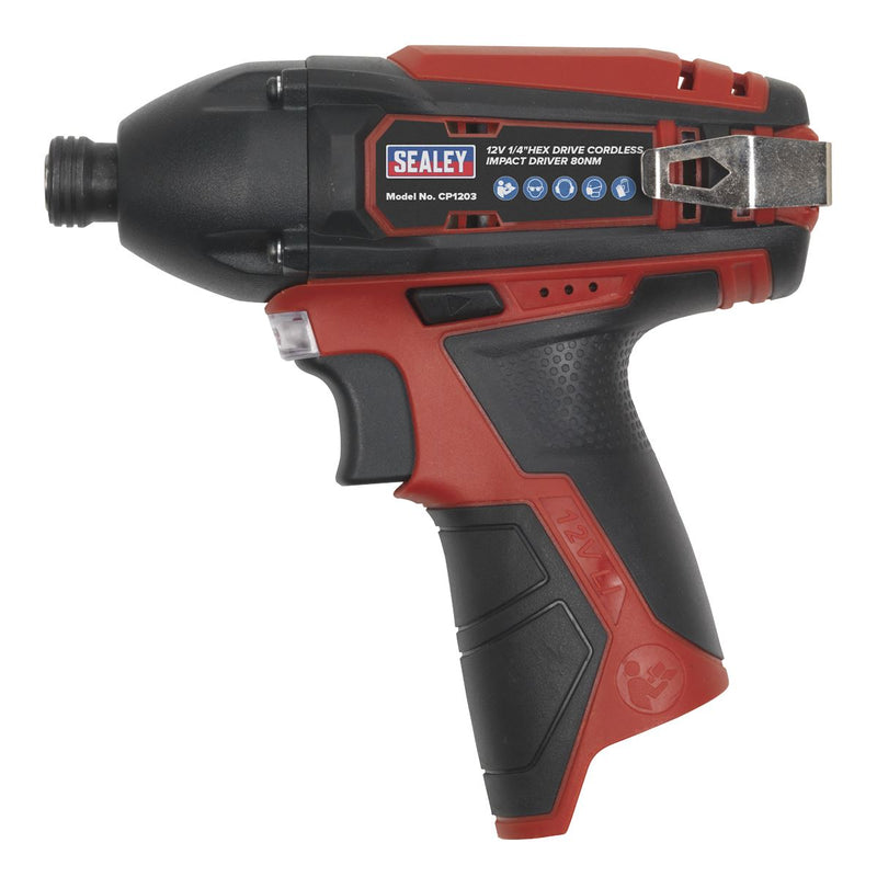 Sealey Cordless Impact Driver 1/4"Hex Drive 80Nm 12V SV12 Series Body Only Sealey - Dynamic Drive