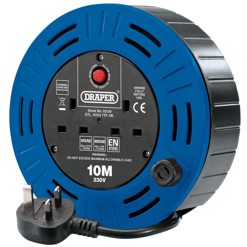 Draper 230V Twin Socket Cable Reel, 10m 02126 Draper - Dynamic Drive