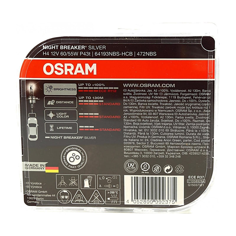 Osram Performance Bulbs - H4 up to +100% More Brightness - (472) P43t - Halogen - NIGHT BREAKER SILVER Osram  - Dynamic Drive