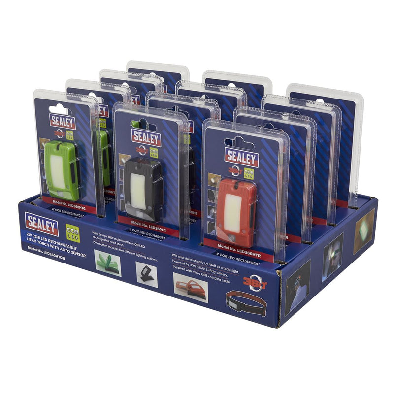 Sealey R/charge Head Torch Auto Sensor 2W COB LED Display Box of 12 LED360HTDB Sealey  - Dynamic Drive