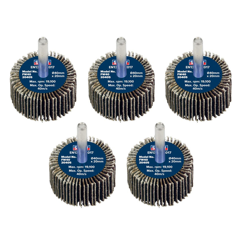 Sealey 40 x 20mm Abrasive Flap Wheel on 6mm Shaft 40Grit - Pack of 5 FW4020405 Sealey - Dynamic Drive