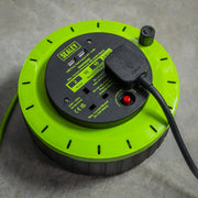 10m Cassette Type Cable Reel with Thermal Trip 2 x 230V & 2 x USB - Hi-Vis Green Sealey - Dynamic Drive