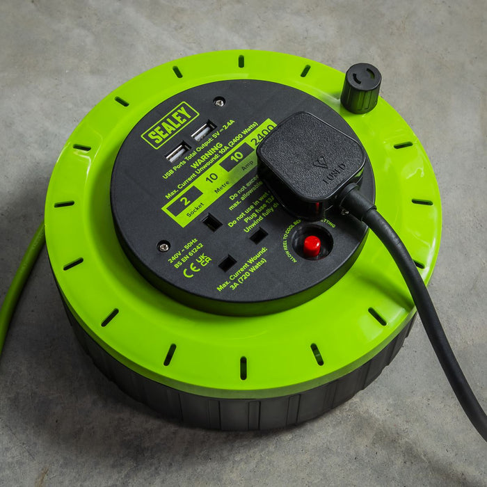 10m Cassette Type Cable Reel with Thermal Trip 2 x 230V & 2 x USB - Hi-Vis Green Sealey - Dynamic Drive