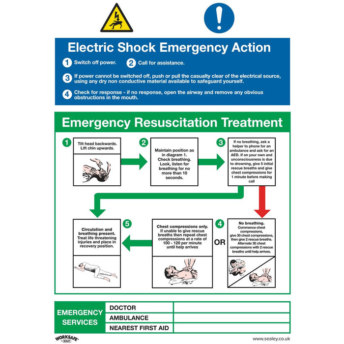 Sealey Safe Conditions Safety Sign Electric Shock Emergency Action Rigid Plastic Sealey - Dynamic Drive