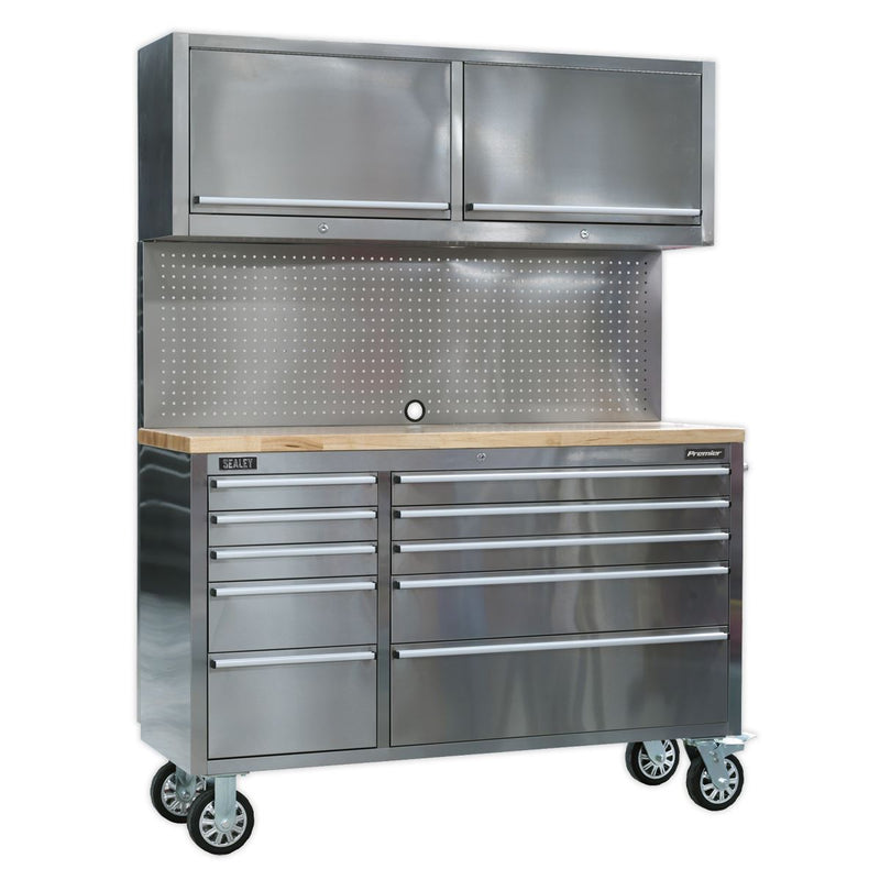 Sealey Mobile Stainless Steel Tool Cabinet 10 Drawer with Backboard & 2 Wall Cup Sealey - Dynamic Drive