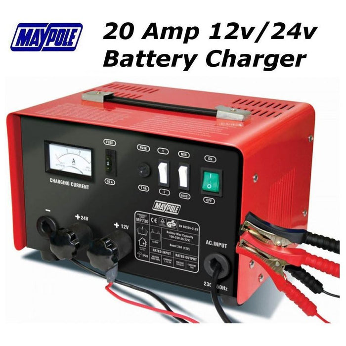 Maypole Heavy Duty Steel 20 Amp 12V/24V Car Van Tractor Battery Charger Mp730 Town Tools - Dynamic Drive