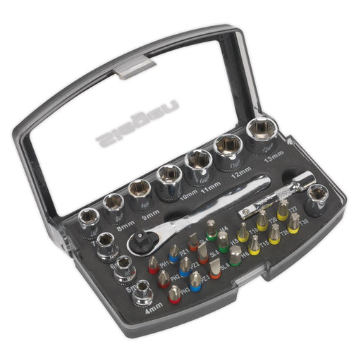 Siegen 30pc 1/4" Square Drive Ratchet Socket & Bit Set Pozi Slotted Hex Trx Siegen  - Dynamic Drive