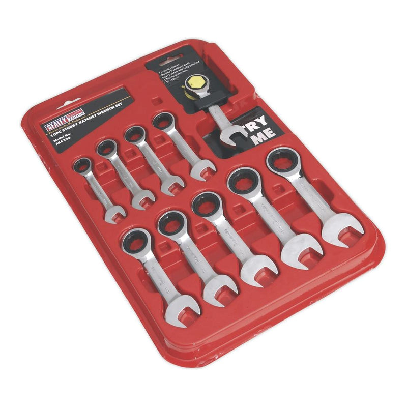 Sealey Combination Ratchet Spanner Set 10pc Stubby Metric AK6396 Sealey - Dynamic Drive