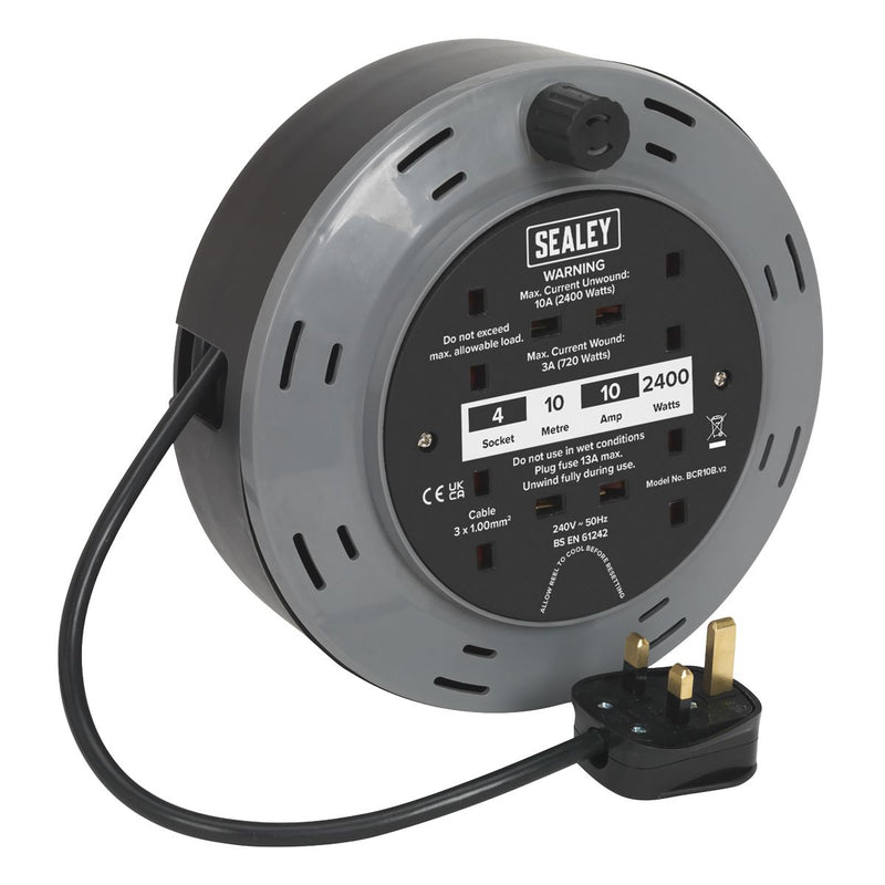 Sealey Cassette Type Cable Reel 10m 4 x 230V 1.00mmï Thermal Trip BCR10B Sealey - Dynamic Drive