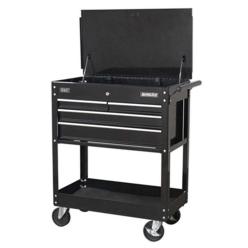 Sealey Heavy-Duty Mobile Tool & Parts Trolley with 4 Drawers & Lockable Top Blac Sealey - Dynamic Drive