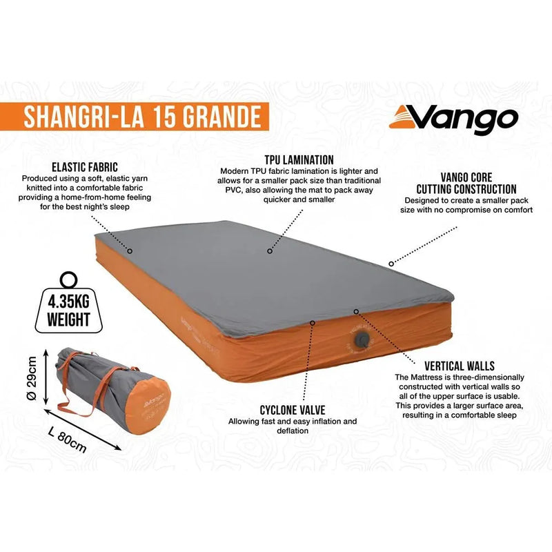 Vango Shangri-La II 15 Grande 15 Grande Cloud Grey / Orange Self Inflating Sleep Mat Vango - Dynamic Drive