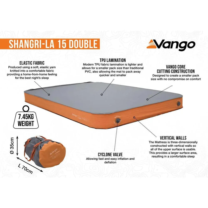 Vango Shangri-La II 15 Double 15 Double Cloud Grey / Orange Self Inflating Sleep Mat Vango - Dynamic Drive