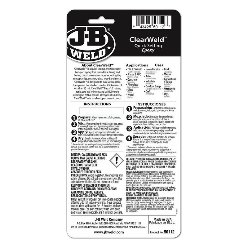 JB Weld Clear Glue Quick-Setting Epoxy Ceramic Metal Glass Plastic Wood Car JB Weld - Dynamic Drive