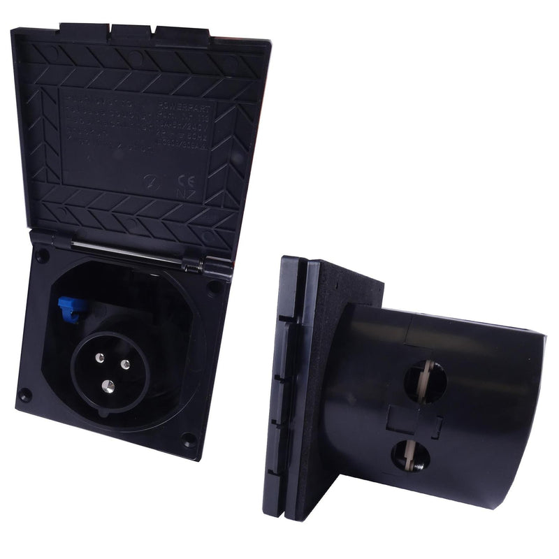 Mains 230V 16A Flush Hook Up Socket Caravan Motorhome Camper Van RV Black Powerpart - Dynamic Drive