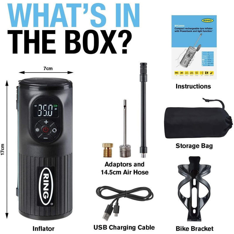 RTC2000 Ring Handheld Digital Tyre Inflator Air Compressor USB LED Cordless Ring Automotive - Dynamic Drive