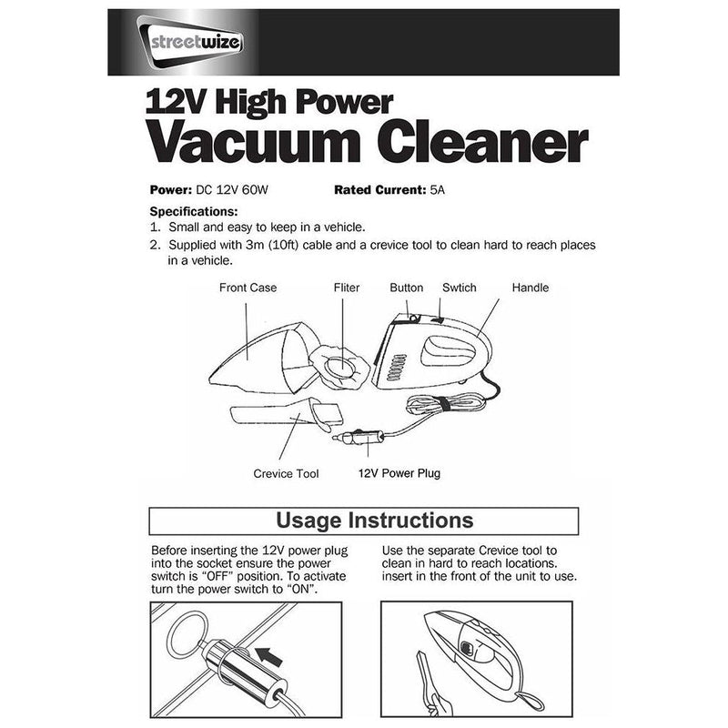 SWCV5 12v Plug In Car Caravan High Power Portable Handheld Vacuum Cleaner Streetwize - Dynamic Drive