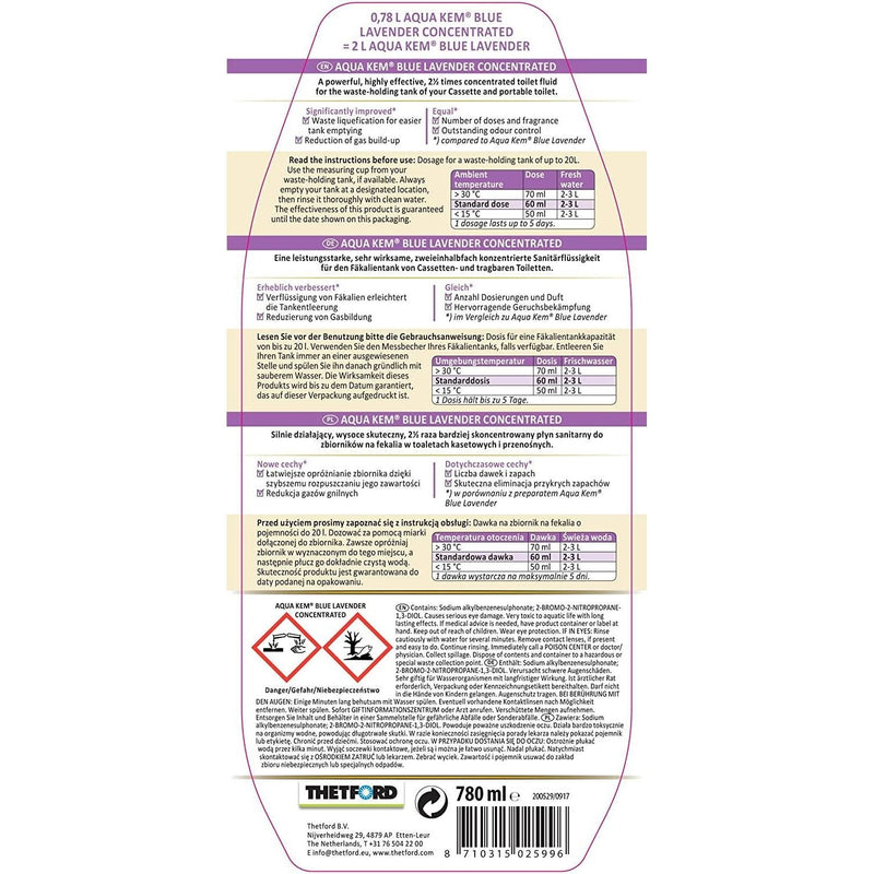Thetford Aqua Kem Blue Lavender 780Ml Concentrate Toilet Cassette Fluid Thetford - Dynamic Drive